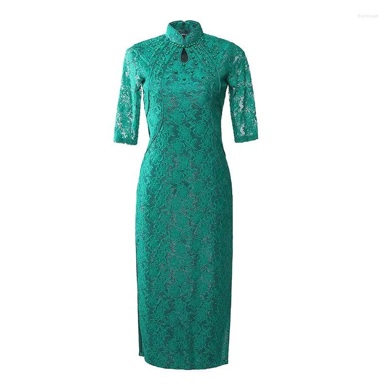 Ethnic Clothing SHENG COCO Lady Green Lace Evening Long Cheongsam Dress Beading Split Joint Qipao Western Style Improve Ceremony Party