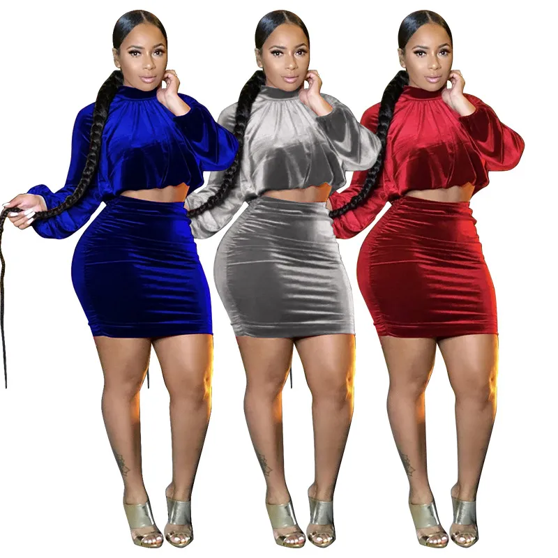 2023 Velvet Two Piece Dress Women Sexy Crop Top and Bodycon Skirt Set 2Pcs Outfits Free Ship