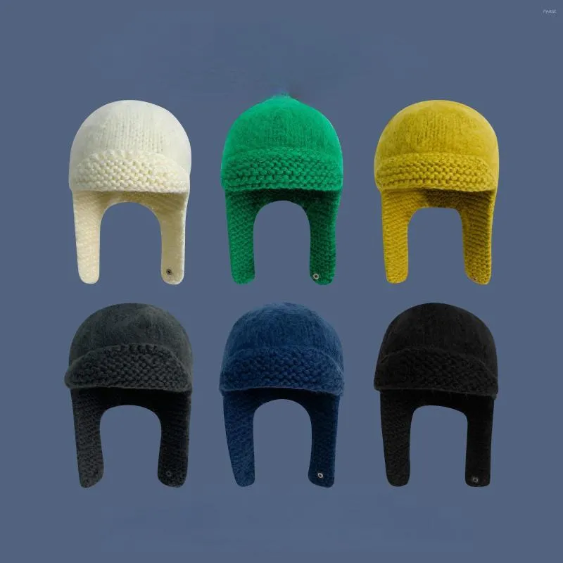 Berets Quality Russian Mohair Knitted Hat Women's Winter Solid Flight Plush Warm Ear Protection Bomber Fashion