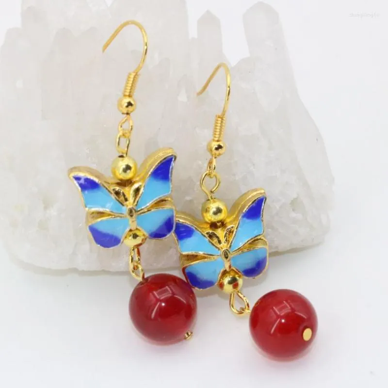 Dangle Earrings Long Women Drop 13 16mm Gold-color Butterfly Cloisonne Purple Jades Chalcedony Jewelry B2632
