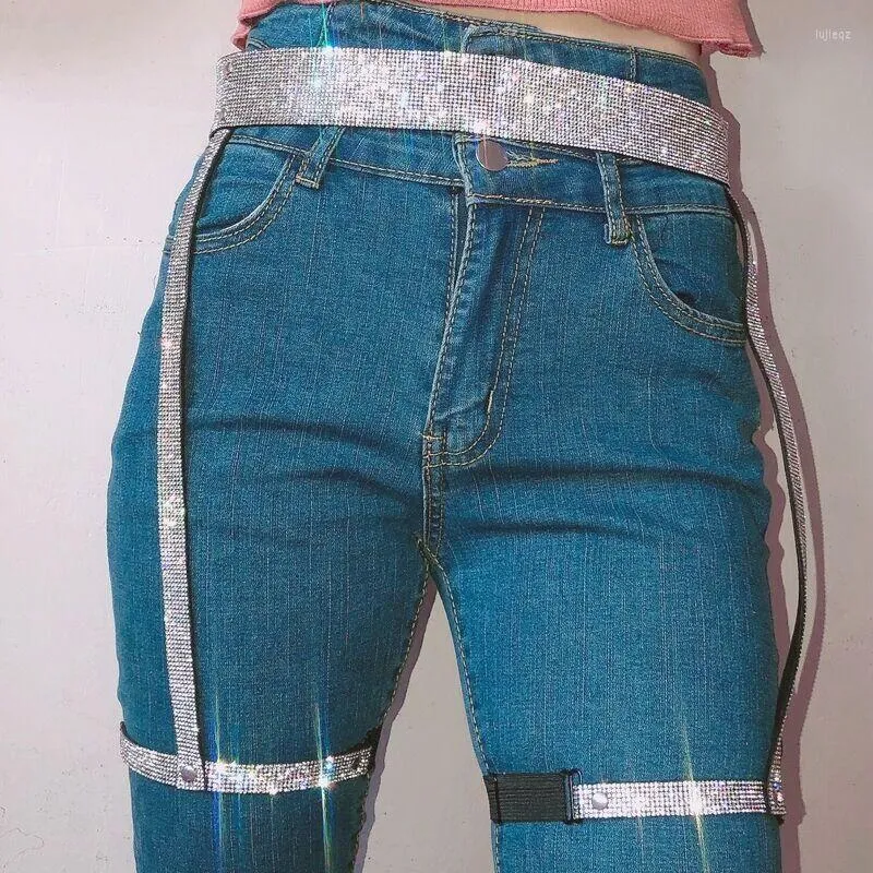 Riemen punk gotische elastische strass vrouwen harnas ody taille riem jeans slanke bondage tailleband been riem body accessoires