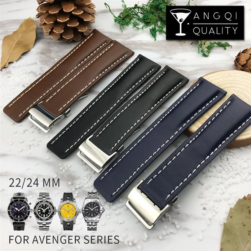 YQ 22 мм 24 -мм подлинная кожаная часовая группа теленка для Breitling Avenger Series Watches Strap Man Fashion Bristand Black Brow229e