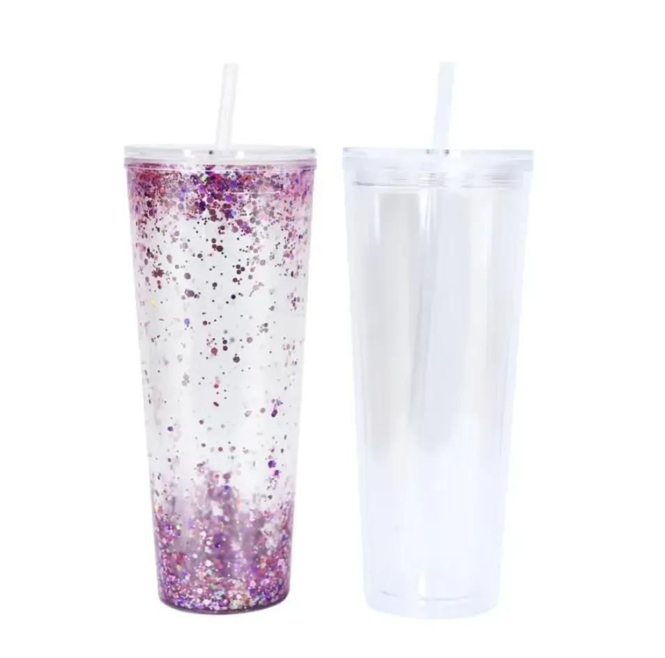 24 oz gobelets en acrylique boule à neige à double paroi avec couvercle plat paille en plastique transparent tasse à boire avec trou pour remplir paillettes FY5520