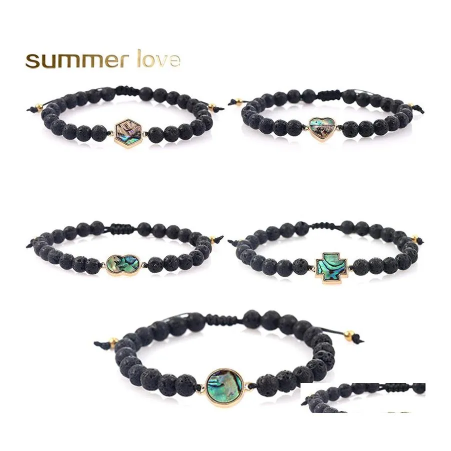 Beaded Strands Women Mencross Heart Round Shape Natural Abalone Shell Charm Bracelet Lava Volcanic Stone Beads Braided Rope Bracele Otbci