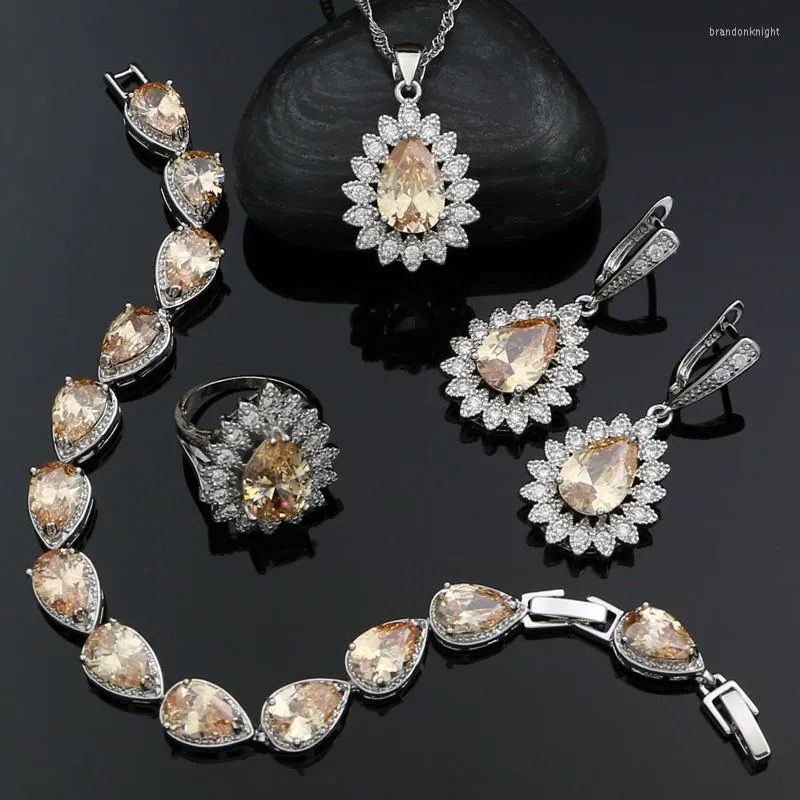 Set di orecchini per collana in argento 925 per accessori da sposa da donna Kit bracciale con ciondolo con zirconi cubici champagne