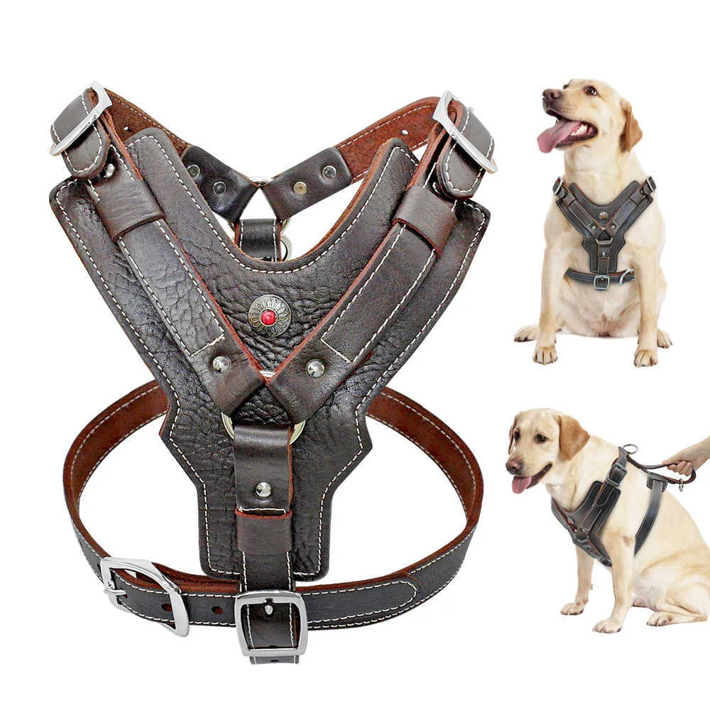 Dog Collars Leashes Durable Dog Harness Large Dogs Genuine Leather Harnesses Pet Training Vest With Quick Control Handle For Labrador Pitbull T221212