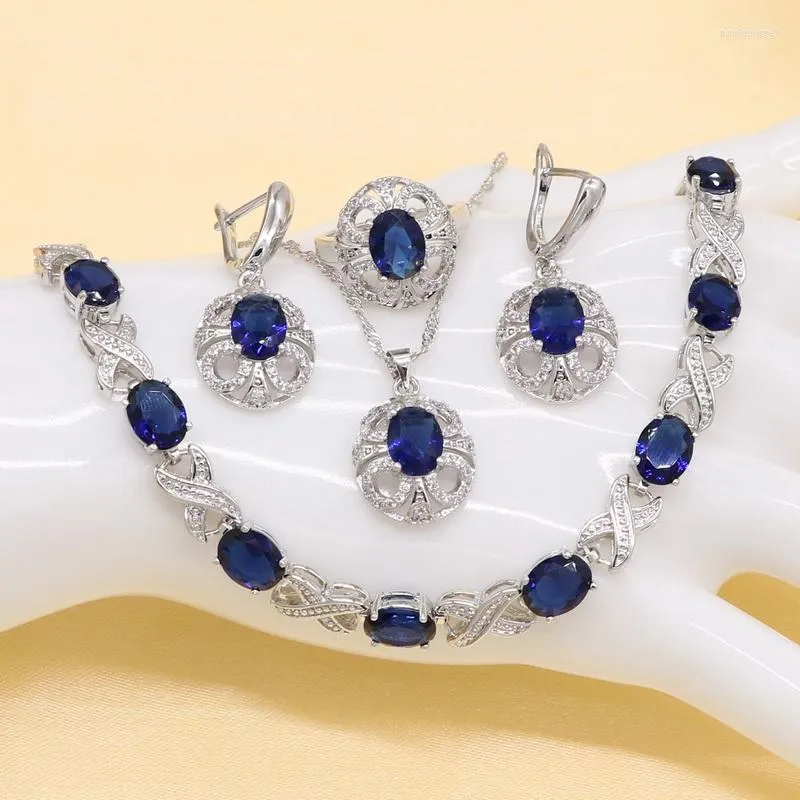 Ensemble collier et boucles d'oreilles en Zircon bleu 2022, bijoux en argent Sterling 925 pour femmes, avec Bracelet, pendentif, bague, cadeau d'anniversaire