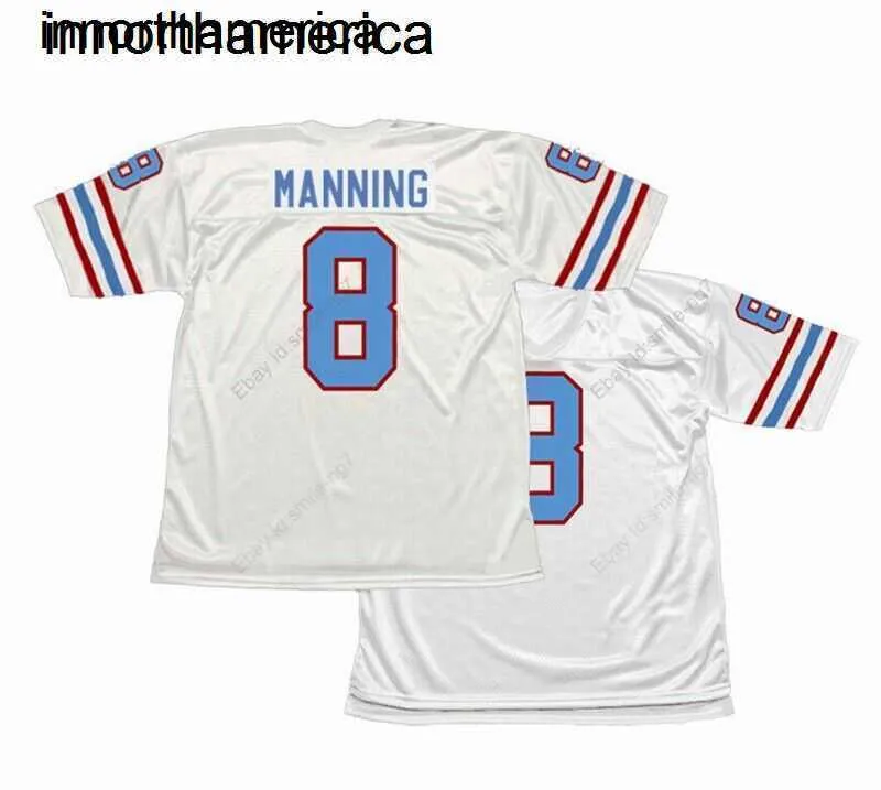 Anpassad throwback Manning #8 Football Jersey White Blue sydde valfritt namnnummer