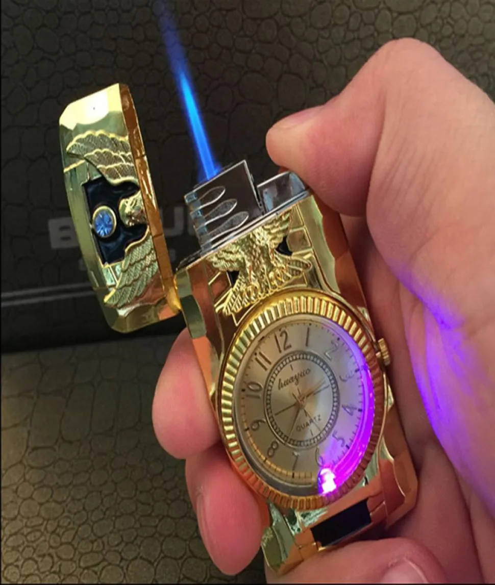 2 In 1 Jet Torch Quartz Watch Cigarette Lighter Butane Gas Refillable Windproof Blue Scorch