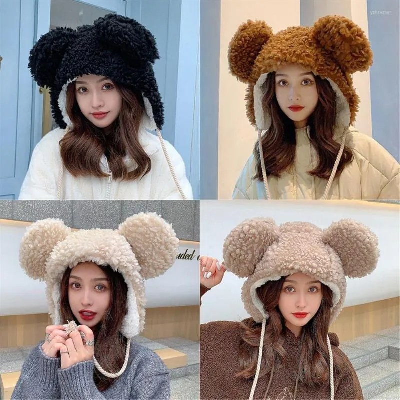 Bérets femme mignon ours oreilles femmes chaud solide bonnets agneau cheveux casquette coupe-vent chapeau d'hiver