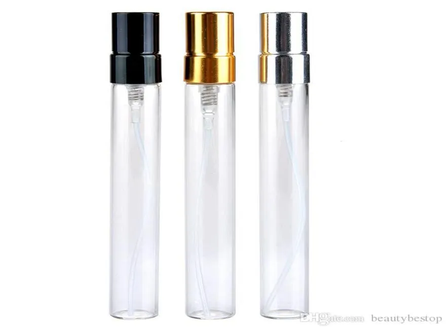 10 ml mini szklane butelki perfum próbka butelka do rozpylania napełniana zapach Atomizer Glass Bottle Fiolki z czarną złotą srebrną czapką2487831