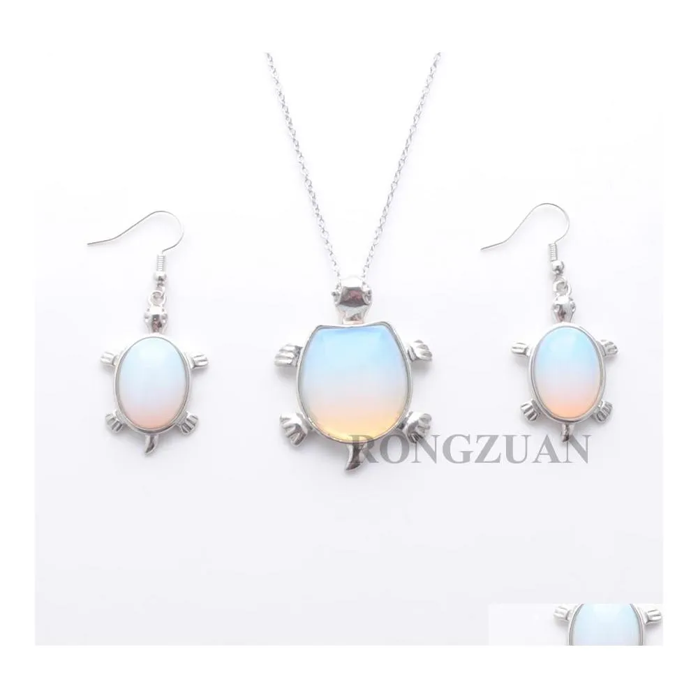 Earrings Necklace Chain 18Inch Jewelry Set Dangle Earring Pendant For Woman Gift Natural Stone Bead Opal Tortoise Shape Drop Delive Dhnqx