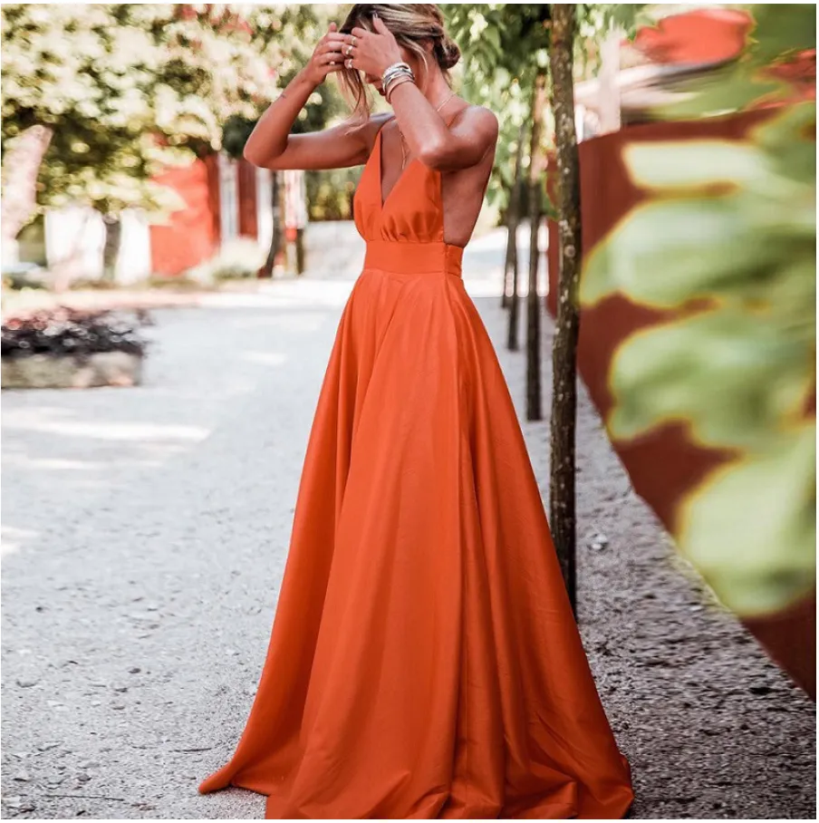 Orange eine Linie lange Abschlussballkleider sexy v Hals Rückenless Spaghetti Armband Abendkleiderparty für Frauen formelle Kleider