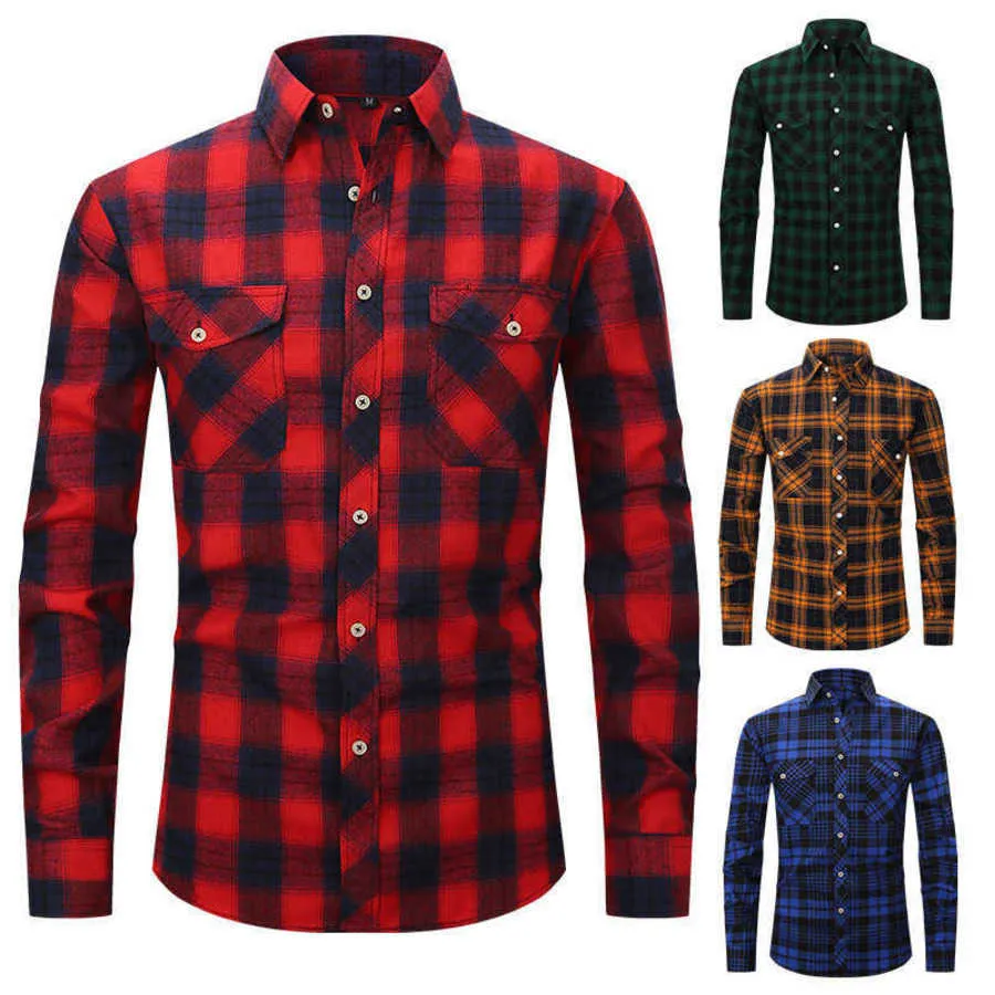 Brushed Plaid Designer 2023 New Mens Long Sleeve Double Pocket Flannel Casual Shirt 15 Colours S-XXL DHL