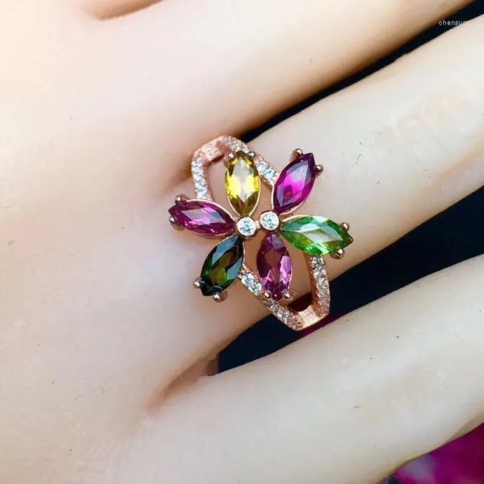 Clusterringen Tourmaline Ring Natural Real 3 6mm 6pcs edelsteen per sieraden 925 Sterling Silver Flower Style