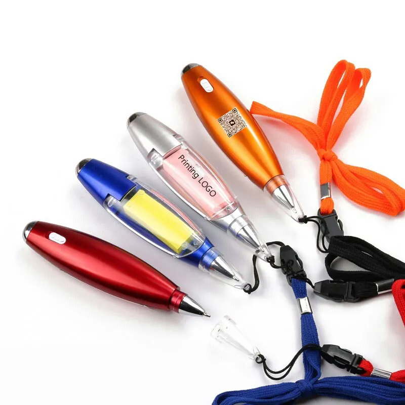 أضواء Proper Pens LED LED ملاحظات لزجة شنق الحبل بالجملة قلم ترويجي بلاستيكي مع شعار مطبوع