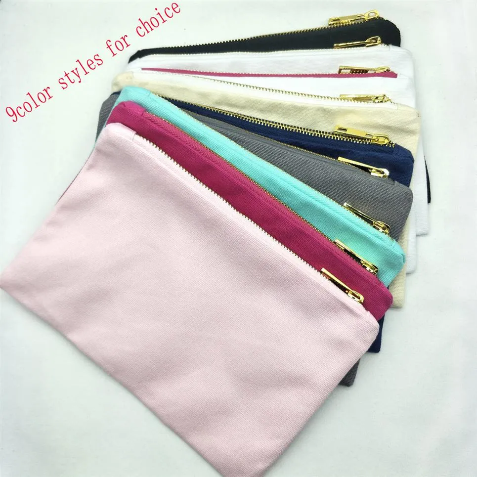 9Color Styles Tjock Canvas Makeup Väska med Gold Zip Gold Foder Black White Cream Grey Navy Mint Pink ljusrosa toalettväska 252Y