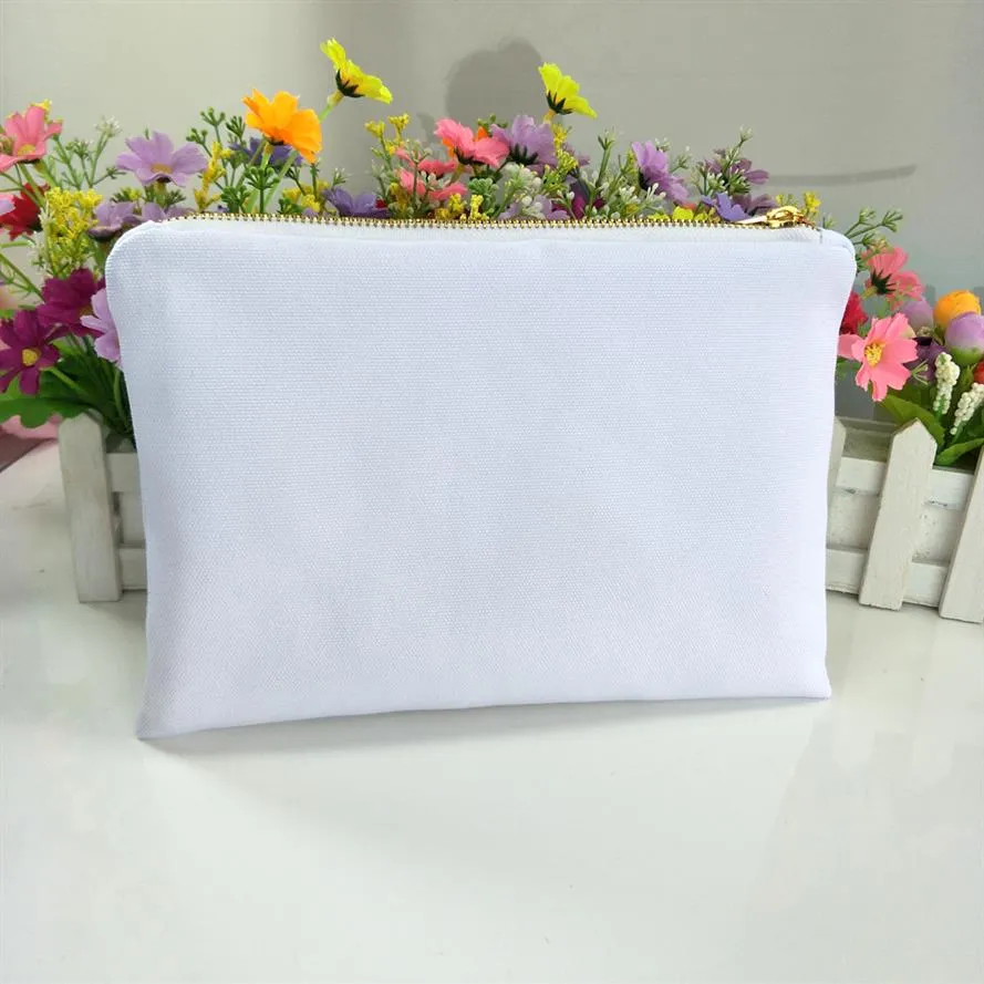 12oz white poly canvas makeup bag for sublimation print with lining white-gold zip blank cosmetic pouch heat transfer227g