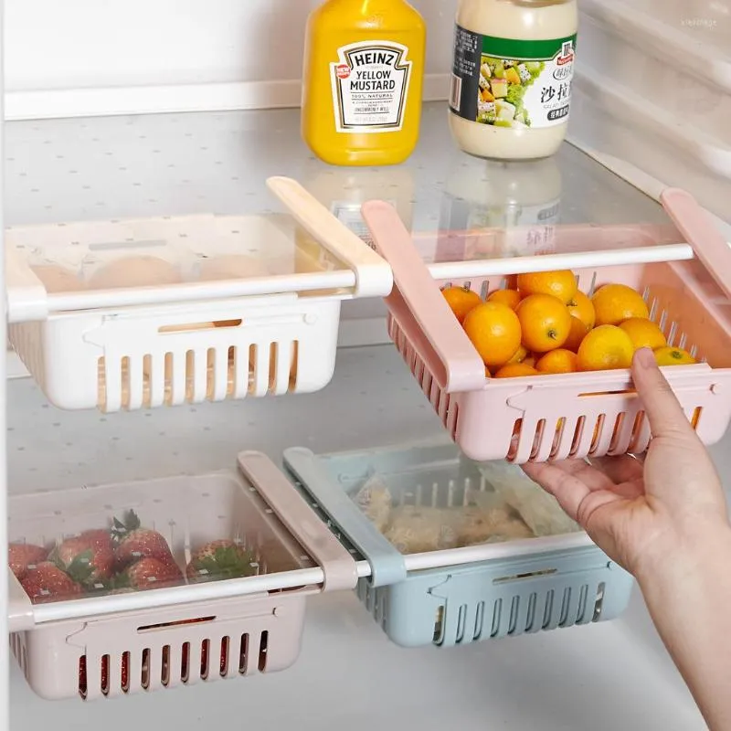 Hooks Adjustable Kitchen Fridge Storage Rack Home Organizer Food Container Refrigerator Drawer Boxes Retractable Shelf