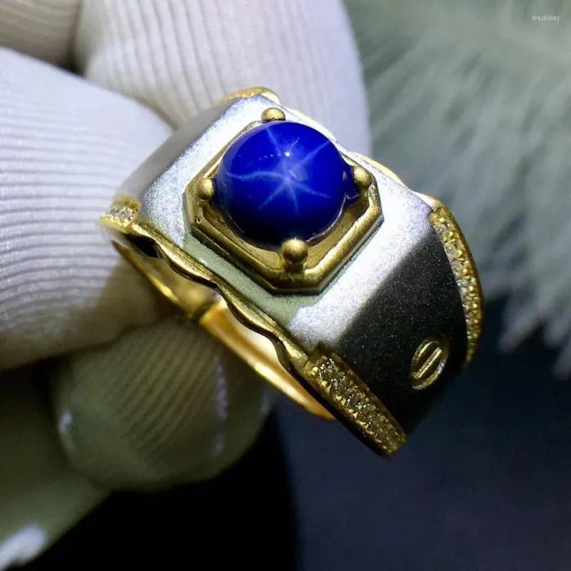 Anelli a grappolo Anello da uomo Matrimonio Stella blu con zaffiro Argento sterling 925 pregiato gioiello lavorato a mano