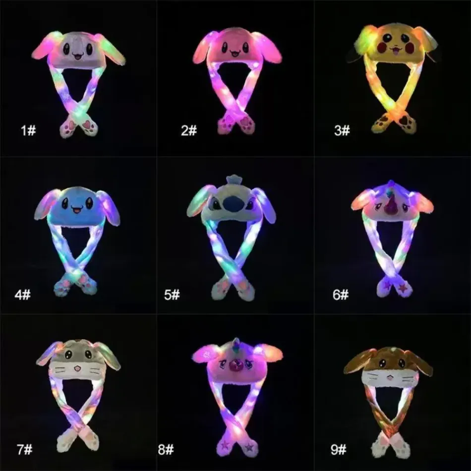 Rabbit Ears Party Hat Valentine's Day Led Light Up Plush Moving Hand Pinching Ear för att flytta vertikala öron Cap Party Performance Airbag Hats EE