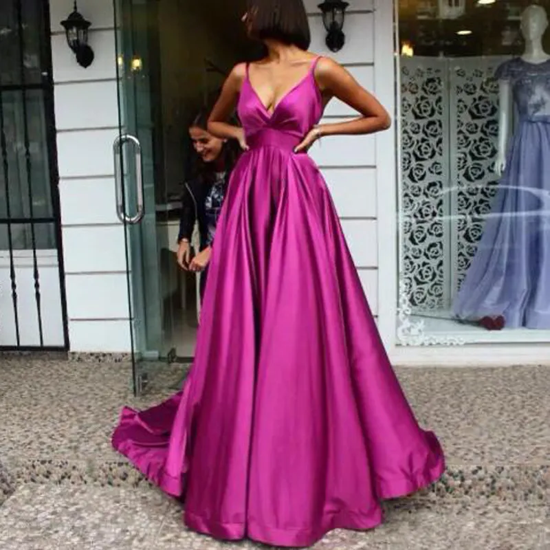 Fuchsia v Neck Backless Prom jurken lang een lijn spaghetti riem sweep trein avondjurk feest voor vrouwen jurk formele jurken