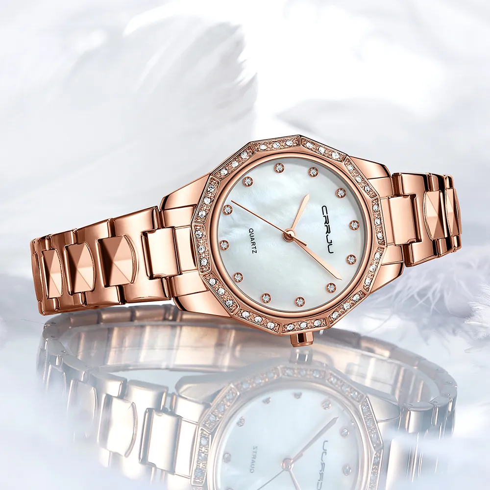 Damen-Armbanduhr, Roségold, modisch, Edelstahl, Strass, oval, kreativ, Damen-Kleid, Quarzuhr