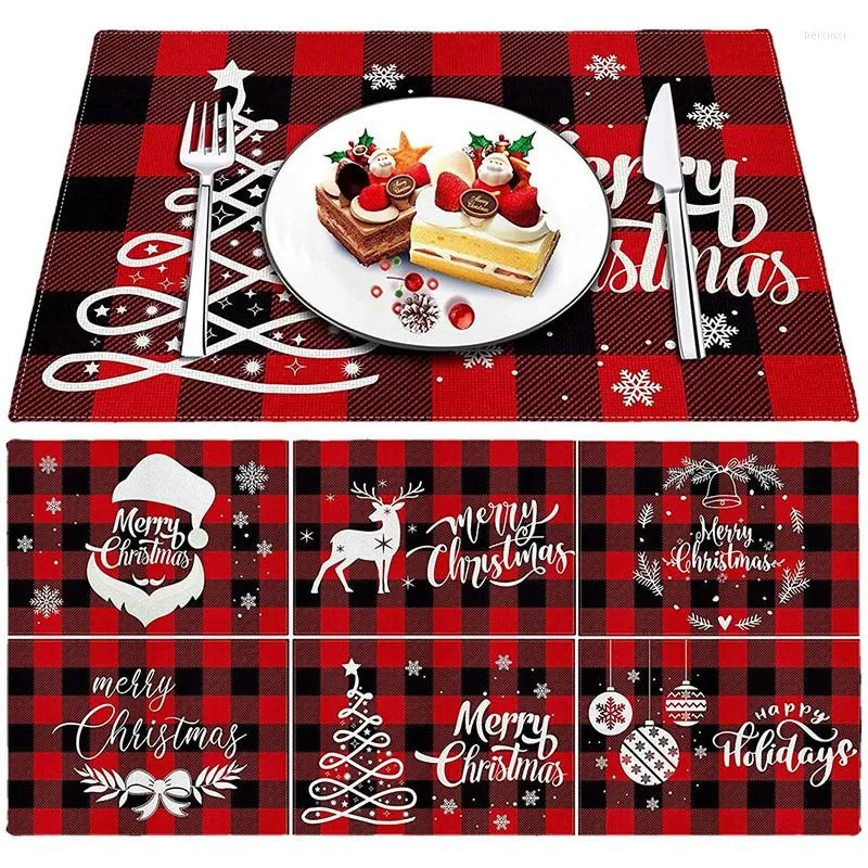 Table Cloth Christmas Placemat Printed Red And Black Plaid Cotton Linen Western Dinner Mat Anti-stain Heat Insulation