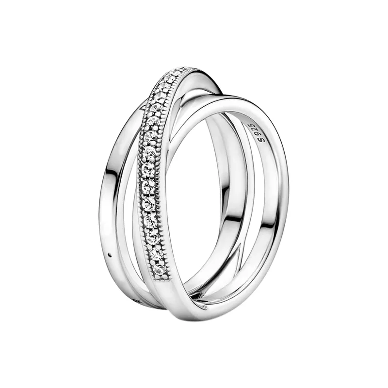 Äkta Sterling Silver Crossover Pave Triple Band Ring för Pandora Gult guldpläterade vigselringar för kvinnor män flickvän presentsmycken med original box set