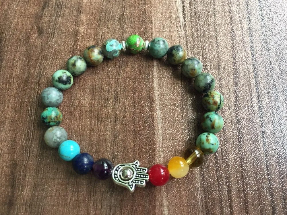 Bracelet à brins 7 chakras, 8MM, turquoise africaine, perles de palmier Mala, prière, Yoga, méditation au poignet