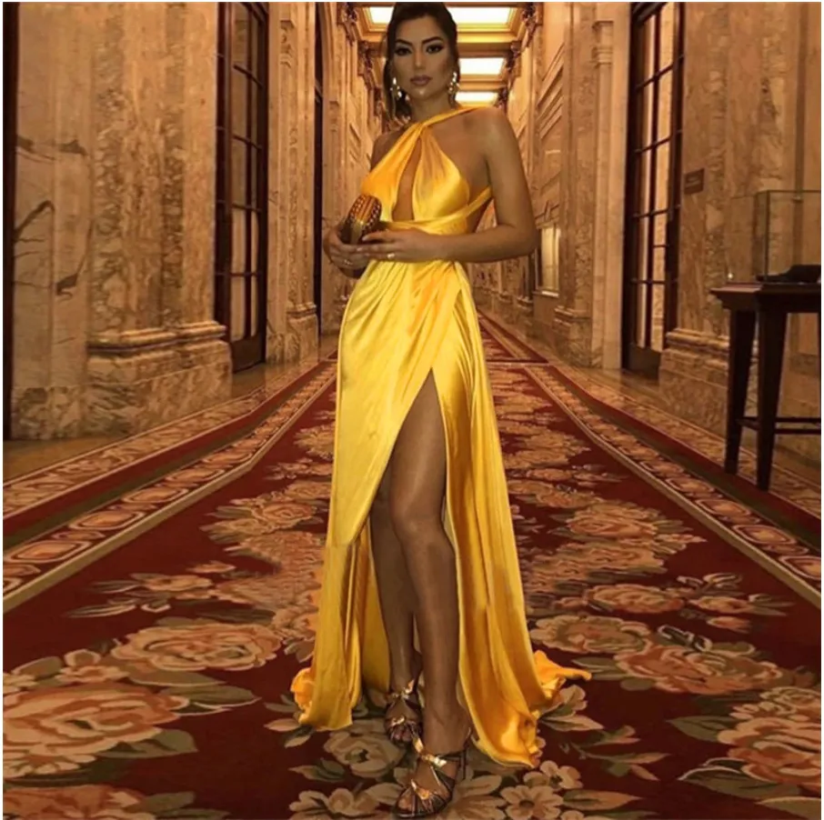 Backless Gold Sexig långa balklänningar Hög SLIT En linje glänsande satin formell klänning för kvinnor plus storlek kväll festklänning billigt