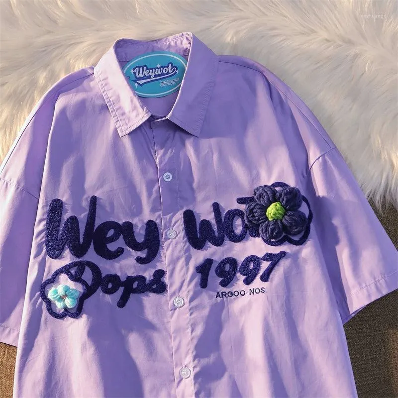 Women's Blouses Kawaii Floral Letter Print Preppy Button Up Shirts POLO Collar Fashion Teens Students Purple Green Summer Large 2XL Tops