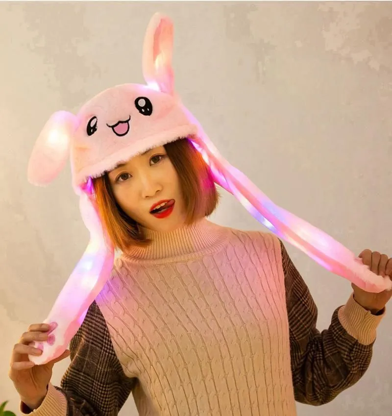 LED light up Plush Moving Rabbit Ears Hat Hand Pinching Ear To Move Vertical Ears Cap Party Performance Airbag hats Xmas Gift