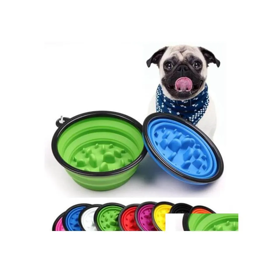 Hondenkommen feeders Inklapbare Pet Bowl Cat voeding Slow Food Water Dish Feeder Sile Foldable Choke voor Outdoor Travel 9 Colors Dro Otctu