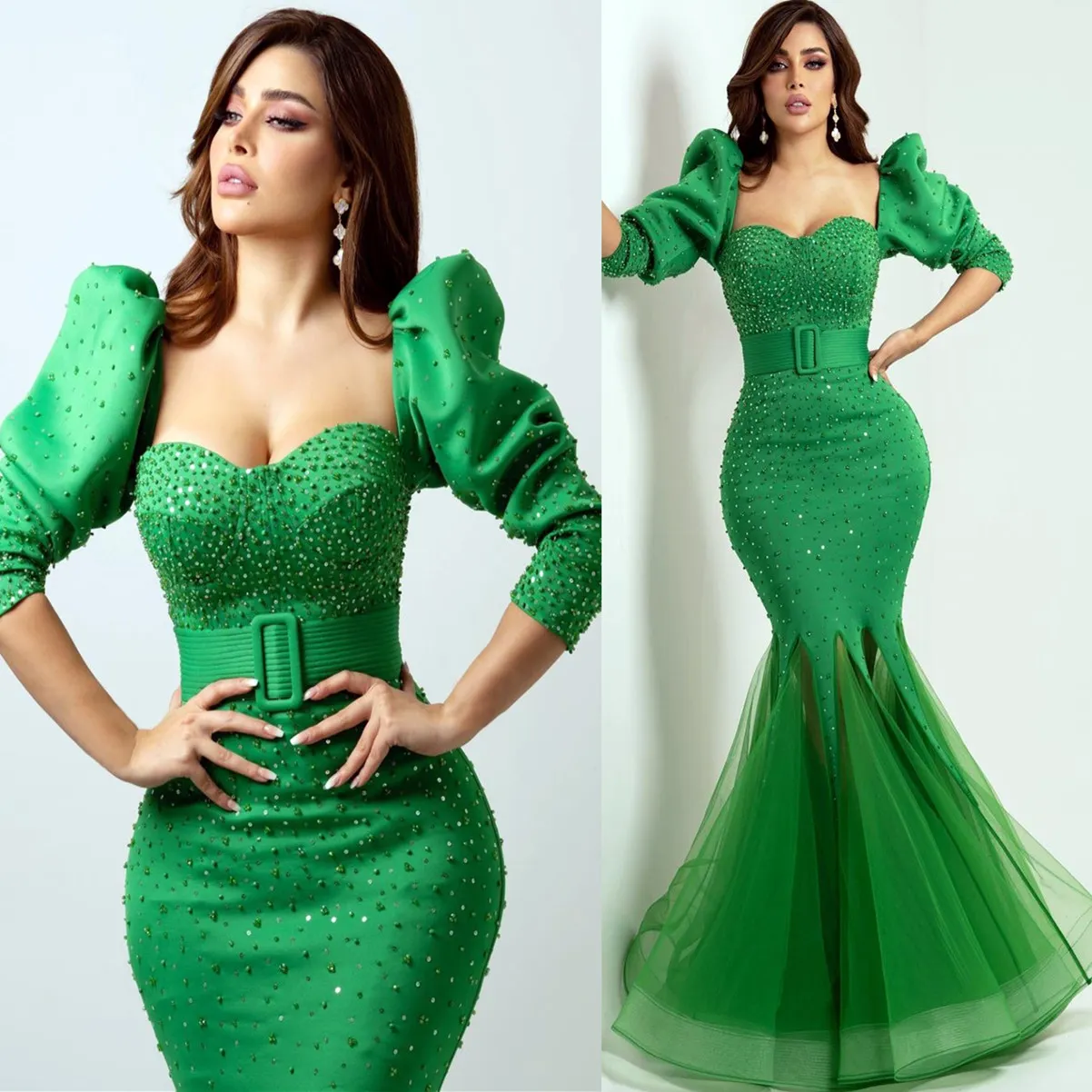 2023 Arabiska aso ebi Green Mermaid Prom Dresses Beaaded Pearls Evening Formal Party Second Reception F￶delsedagsengagemang Kl￤nningar ZJ739