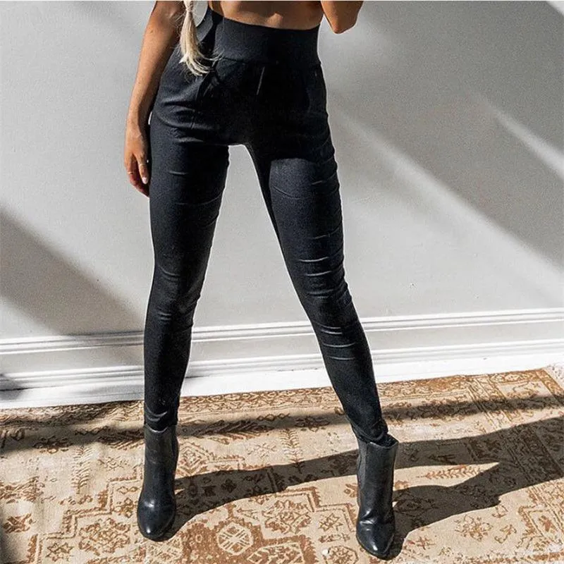 Women's Pants Fashion Women Leather Sexy Black Skinny Stretch Slim High Waist Trousers Pencil Zipper PU Leggings & Capris