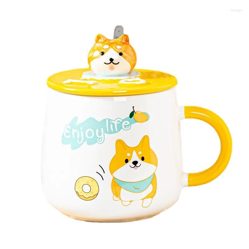 Koffie thee sets schattige cartoon keramische beker met dekking lepel meisjes mok super puppy patroon ontbijt melk