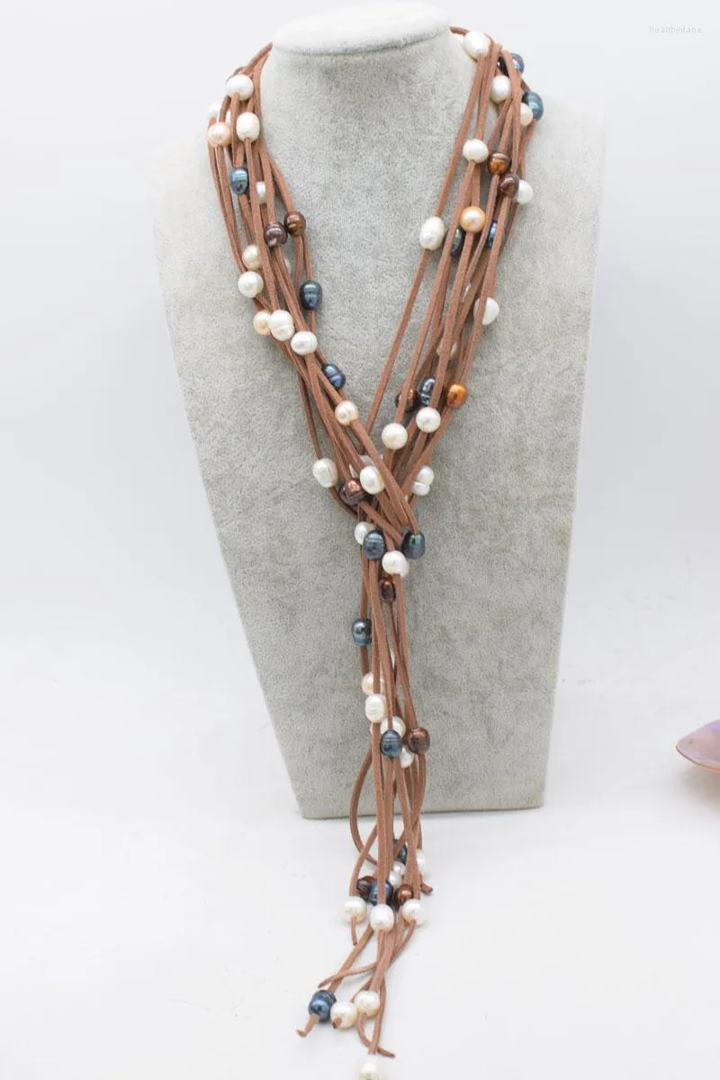 Chains Freshwater Pearl White/black /brown Egg /round 9-11mm Brown Leather Necklace 63inch Nature Handmake Wholesale FPPJ