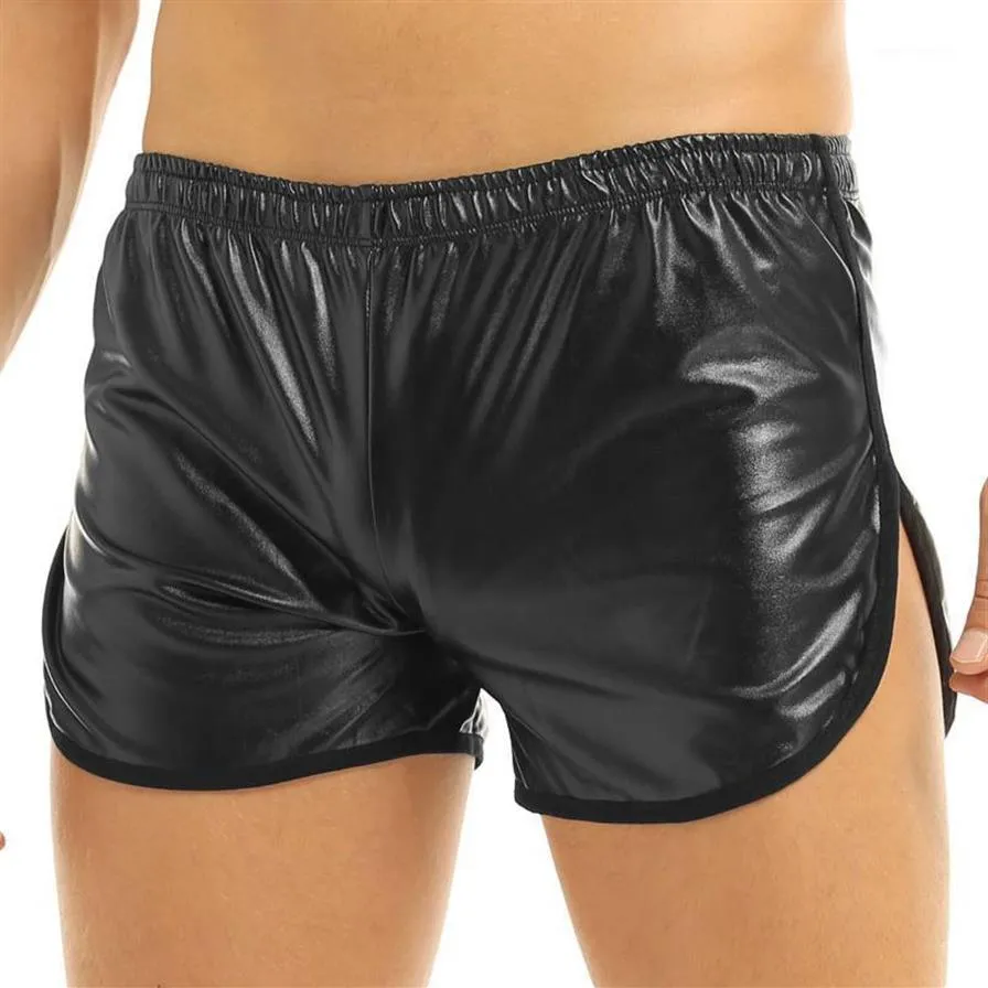 Mens Lingerie Wet Look Faux Leather Sport Boxer Shorts Exotic Pants with a Back Pocket Gay Men Nightclub Pole Dance Shorts1266I
