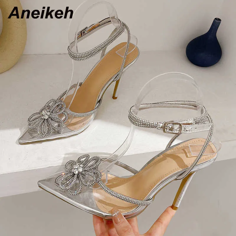 Dress Shoes Aneikeh For Women Sexy Pointed Toe High Heel Classics Flower Decoration Ankle Buckle Strap Crystal Bordered Party Pumps 221213