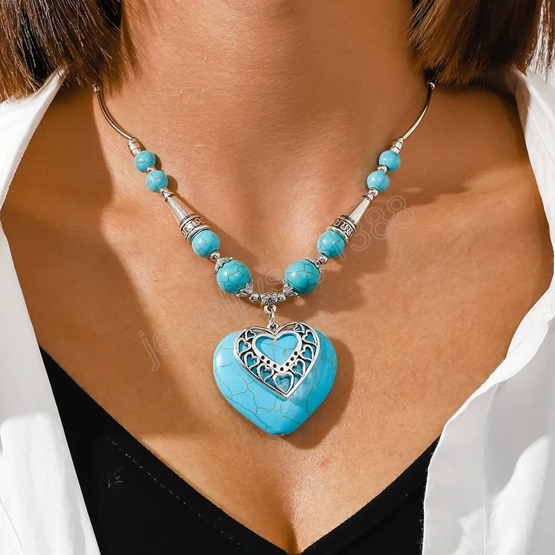 Fashion Accessories Simple Necklaces New Vintage Silver Color Blue Stone Big Heart Pendant Necklace