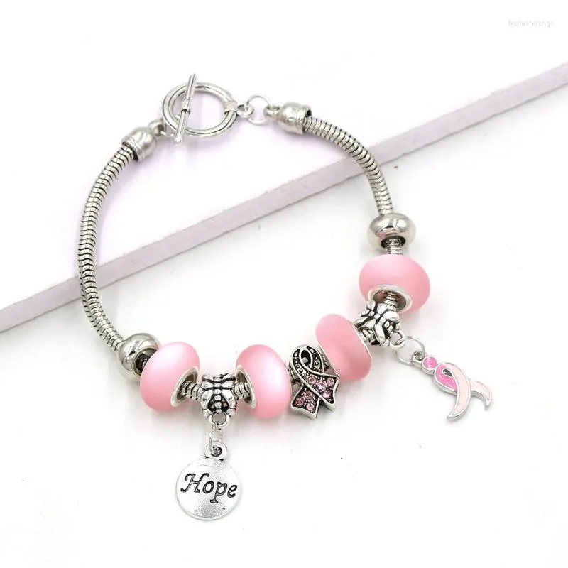 Charm Bracelets 1PC Breast Cancer Bracelet T-bar Toggle Clasp Hope Pink Ribbon Charms Bangle&Bracelet For Awareness Pulsera