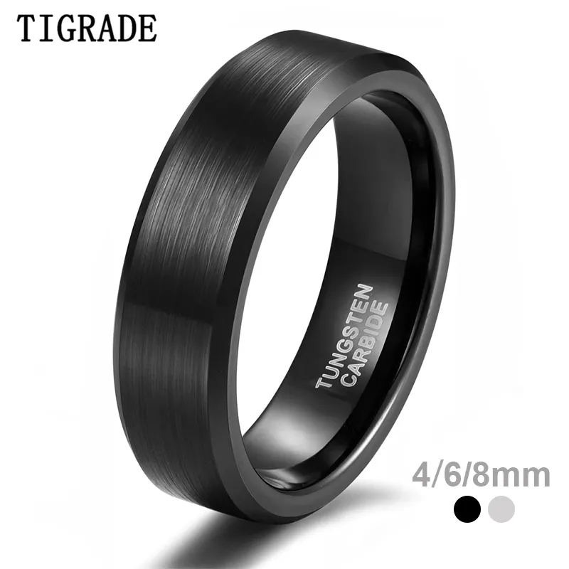 4/6/8/mm de tungsteno negro anillo de carburo hombres cepillados en color de plata anillos de compromiso para mujeres para joyas masculinas