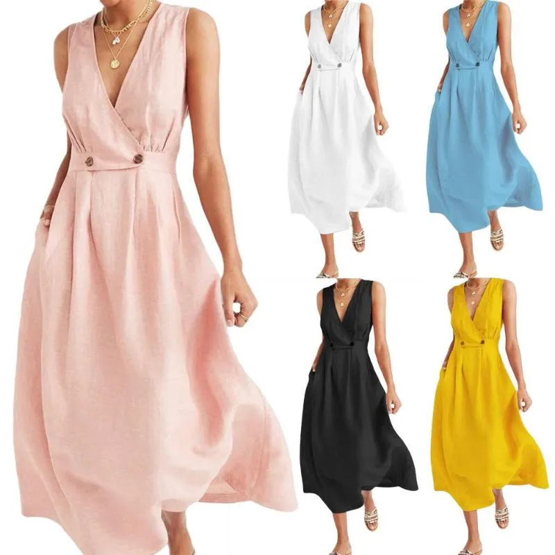 Casual Dresses Plus Size Fashion Summer Women Clothing Solid Color V Neck Sleeveless Lady Loose Party A-Line Long Dress Vestidos