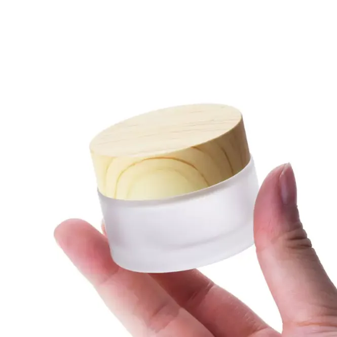 Bouteilles de crème en verre givré, pots cosmétiques ronds, bouteille d'emballage de crème pour le visage, 5g 50g, avec couvercle en grain de bois, récipient d'échantillon