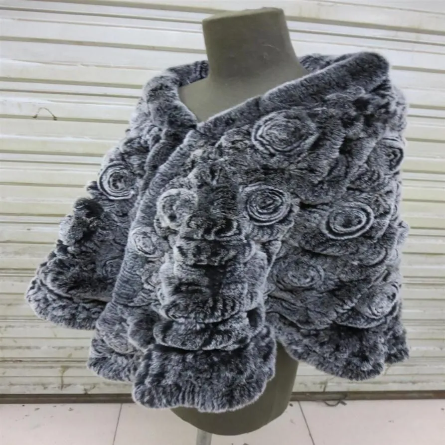 shawls Real Rex Rabbit Fur Knitted Semicircle Rose Poncho Wrap Shawl cape