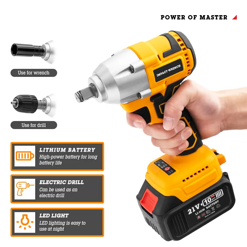 Professional Power Electric Drill 21v Lithium Battery Skruvmejsel Socket Skiftnyckel Electric Impact Driver med 330Nm Home Tools Kit