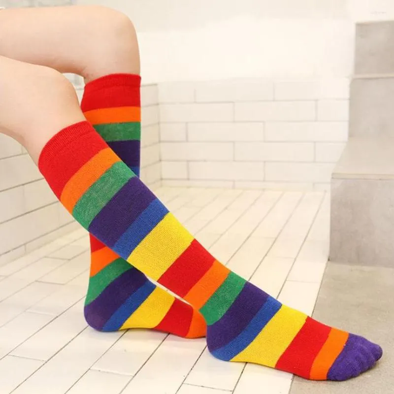 Men's Socks Design Fashion Child Rainbow Knee Striped Multicolour Cotton High Christmas Gifts