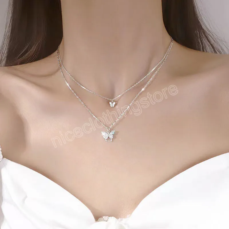 Gold Silver Colour Shiny Butterfly Necklace Women Elegent Double Layer Clavicle Chain Necklace Anniversary Gift Jewelry Necklaces