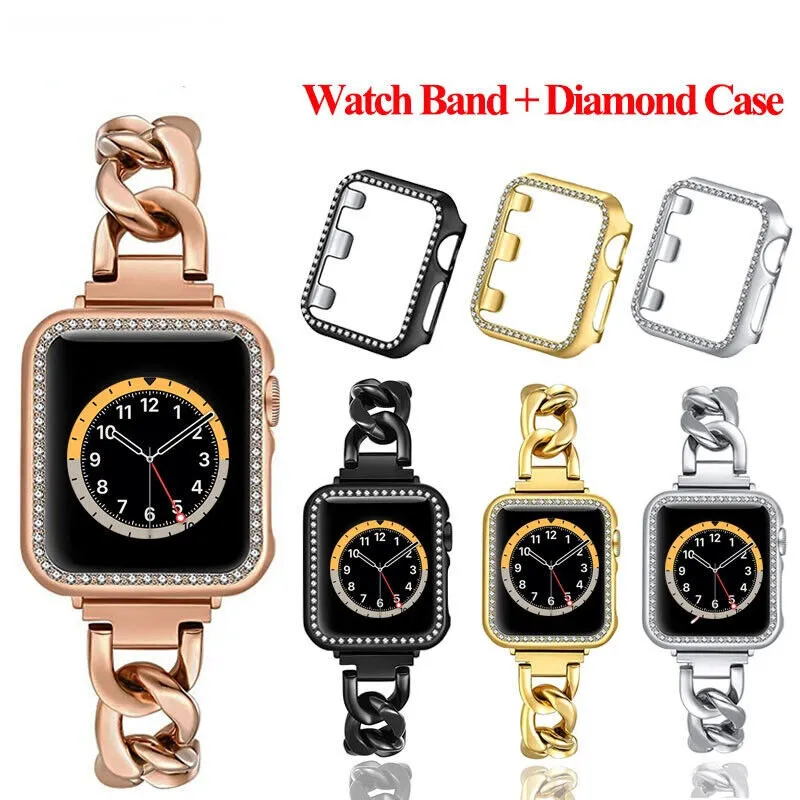 Bande de liaison de chaîne en acier inoxydable Bling Diamond Diamond Bumper Case pour Apple Watch Ultra Series 8 7 6 5 4 SE 40mm 41mm 44mm 45 mm 49 mm